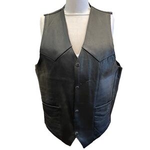 VTG New Age Genuine Leather Mens 40 Black Leather Snap Motorcycle Vest Patina